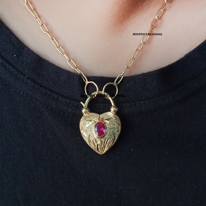 Vintage Carving Padlock Necklace, 14k Gold Plated Heart Padlock, Pink Onyx Padlock, Carving Vintage Padlock Jewelry, Custom Padlock jewelry