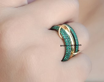 14k Gold Plain Band Ring with Emerald Two Band Ring Set, Gold Jump Band Ring, Gemstone Band Rings, Designer Band Rings, Women Band Jewelry
