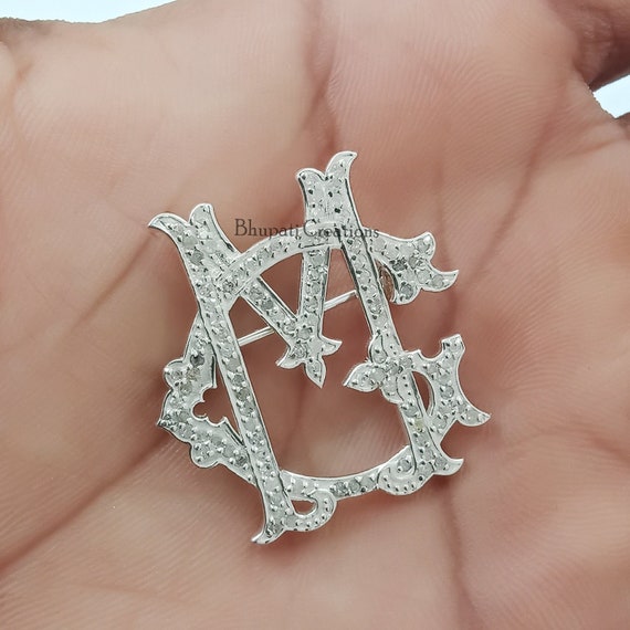 Diamond Initial Brooch, Custom Sterling Silver Monogram Pin (35x28 mm)