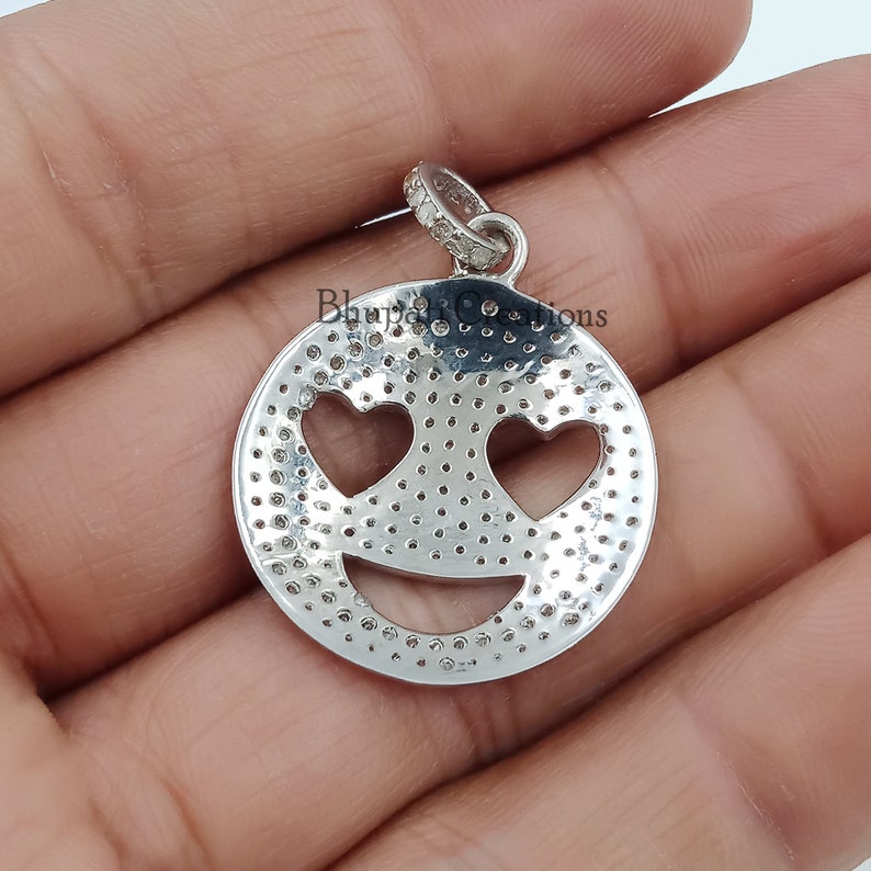 Pave Diamond Smiley Pendants, 925 Sterling Silver smiley Pendant Charms, Pave Setting Charms Jewelry, Gray Silver Pave emoji Smiley Jewelry image 2