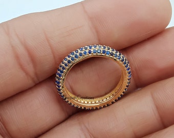 14K Yellow Gold Plated Band Ring, Micro Pave Thin Band Ring, Blue Sapphire Band Ring, Wedding Band Ring, Woman Handmade Band Ring Jewelry