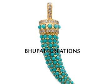 Turquoise Horn Pendant, Pave Diamond Horn Pendant, Vintage Turquoise Horn Pendant, Designer Silver Gemstone Horn Pendant Jewelry