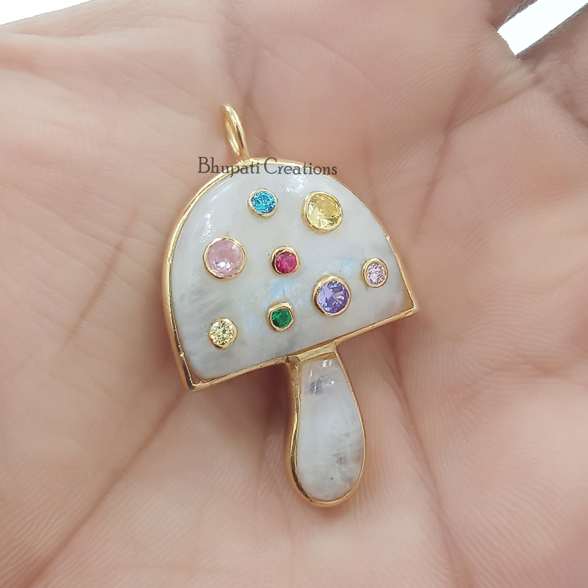 14K Yellow Gold Plated Mushroom Pendant, Multi Stone Mushroom Pendant, Moonstone Mushroom Pendant, Mushroom Pendant Jewelry Supplier