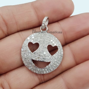Pave Diamond Smiley Pendants, 925 Sterling Silver smiley Pendant Charms, Pave Setting Charms Jewelry, Gray Silver Pave emoji Smiley Jewelry image 1