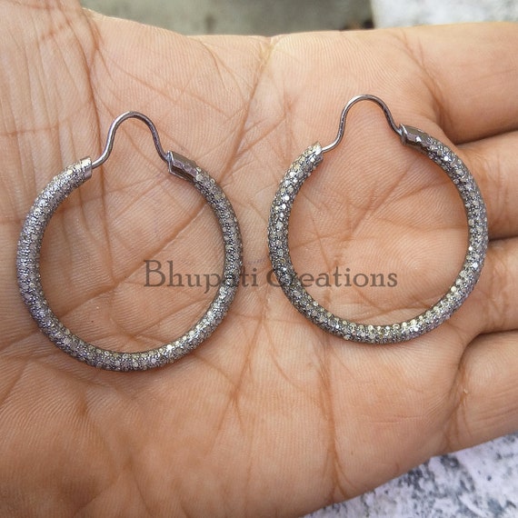 925 Sterling Silver Diamond Hoop Earrings Valentine Diamond Earrings Woman Silver Diamond Gift Hoop Earrings Pave Diamond Hoop Earrings