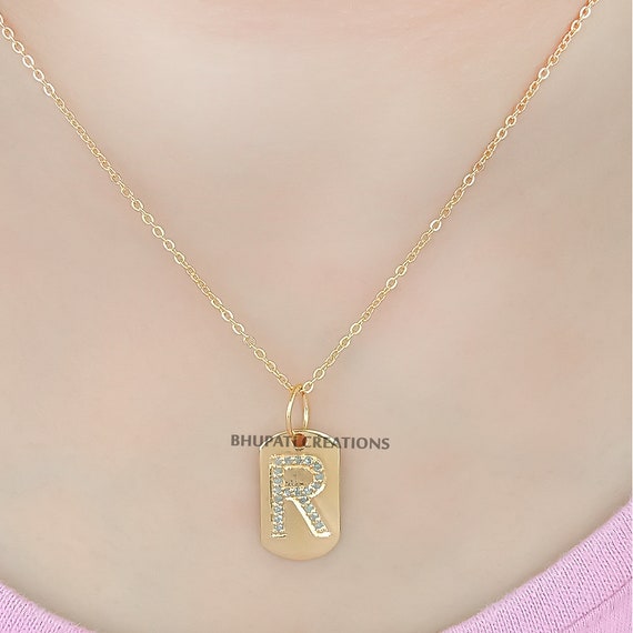 14k Yellow Gold Plated R Initial Dog Tag Charms Necklace Letter