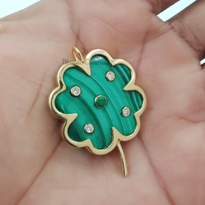 14K Gold Plated Clover Pendant, Malachite Clover Pendant, Handmade Designer Clover Pendant, Carving Gemstone Clover Pendant Jewelry