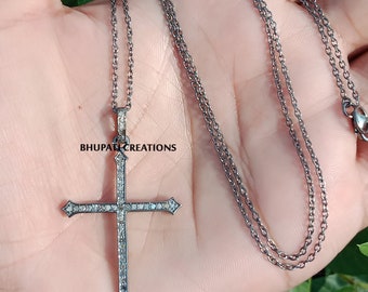 Pave Diamond Cross Necklace, Genuine Diamond Cross Necklace, 925 Silver Grey Cross Chain Necklace, Handmade Cross Jewelry