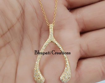 Diamond Wishbone Pendant Necklace, Gold Plated 925 Silver, Handmade