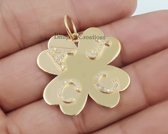 14K Yellow Gold Plated Clover Pendant, Diamond Letter Clover Pendant, Initial Letter Pendant, Designer Pendant, Custom Make Letter Pendant