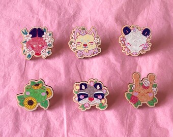 Kawaii Flower Animal Wood Pins | Sketch fox