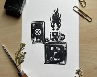 5x7 Vintage Flip Lighter Art print—Handmade Lino Print
