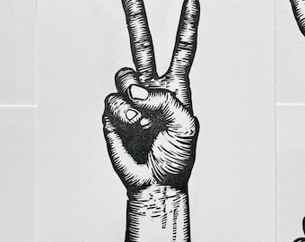 5x7 Peace Sign Hand Lino Print – Handmade Black & White Wall Art