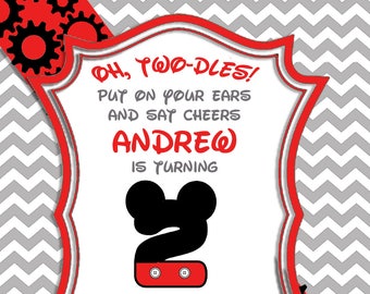 Oh Twodles Mickey Mouse urodziny zaproszenie 2 druk cyfrowy