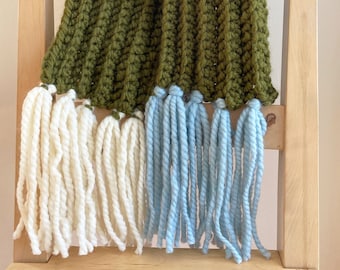 Super Chunky Green Scarf with Multicolored Tassels