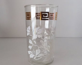 White Flower Gold Greek Key Glass | Anchor Hocking | USA | Vintage