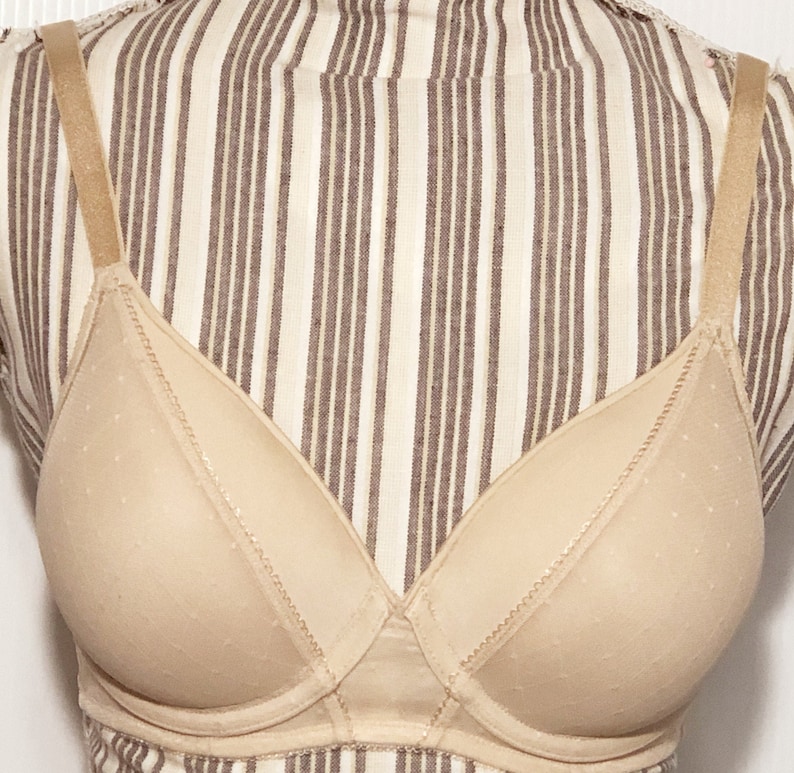 May include: A nude-colored bra with adjustable straps and a smooth, seamless design. The bra has a lightly padded cup and a delicate lace trim.
