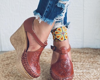 Mexican Flor De Lirio Tooled Leather Wedges Boho Hippie All sizes- 5-10 High heel Wedges Cognac Brick