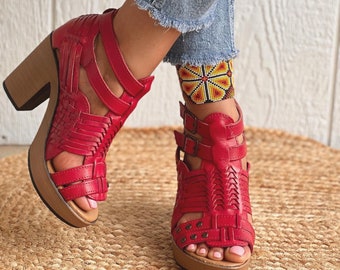 Huarache Sandal - Mexican style Boho Hippie All sizes- 5-10 High heel leather shoe Artesanias Camila Red heels