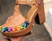 Huarache Sandal - Mexican style Boho Hippie All sizes- 5-10 High heel leather shoe 2020 Artesanias Camila New line Ready to ship Burbuja