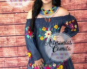 Jean Denim Mexican Dress , Off Shoulders Mexican Dress, Fiesta Dress , Small- median