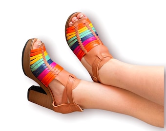 Mexican Huarache High heel Wedge  All Sizes Boho- Hippie  Mexican Style- Sandal Huarache leather rainbow- colorful leather