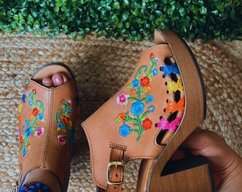All Sizes Boho- Hippie Vintage Mexican Style- Huarache mexicano leather . New version Embroidery open toe shooties final sale
