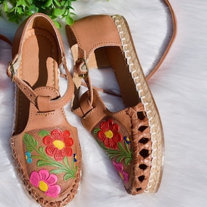 Floral Handpainted tooled Huarache Shoe - Mexican style Boho Hippie All sizes- 5-11  leather shoe Lucia final sale Clearance