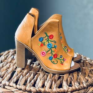 Leather Mexican Embroidery open toe boots  - Mexican style Boho Hippie All sizes- 5-10 High heel leather shoe Mustard