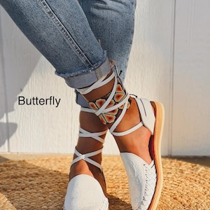Huarache Sandal with laces boho- Hippie Mexican Style- Sandal  leather   Lace up cute butterfly, flowers , sunflower weeding sandal