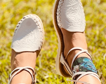 Huarache Sandal with laces boho- Hippie Mexican Style- Sandal  leather   Lace up cute tooled floral weeding sandal