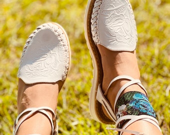 Huarache Sandal with laces boho- Hippie Mexican Style- Sandal  leather   Lace up cute tooled floral weeding sandal