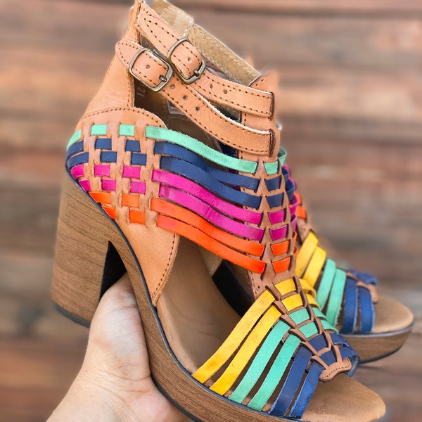 Huarache - Mexican style Boho Hippie All sizes- 5-10High heel leather shoe Artesanias Camila New line Ready to ship Rainbow Bovine leather