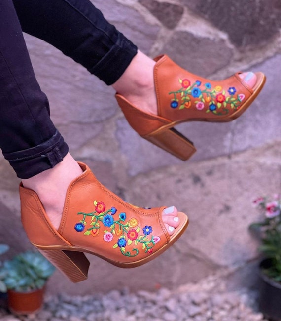 Leather Mexican Embroidery Open Toe Boots Mexican Style Boho