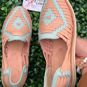 Mexican Huarache Sandal All Sizes Boho- Hippie Vintage Mexican Style-  artesanal tan/ aqua artesanal AZTECA final sale Clearance