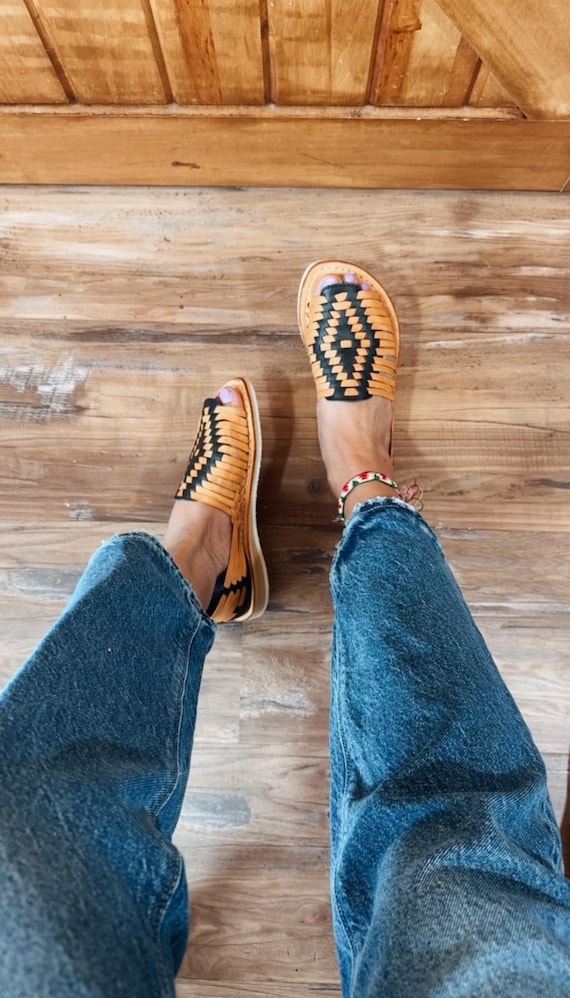 blue and tan huaraches