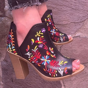 Leather Mexican Embroidery open toe boots  - Mexican style Boho Hippie All sizes- 5-10 High heel leather shoe