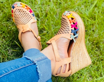 Huarache Sandal - Mexican style Boho Hippie All sizes- 5-10 High heel leather shoe Artesanias wedges tan/ rainbow Sale Clearance