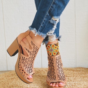 Leather Huarache Sandal - Mexican style Boho Hippie All sizes- 5-10 High heel leather shoe, Cute leather Block wedges final sale