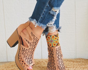 Leather Huarache Sandal - Mexican style Boho Hippie All sizes- 5-10 High heel leather shoe, Cute leather Block wedges final sale