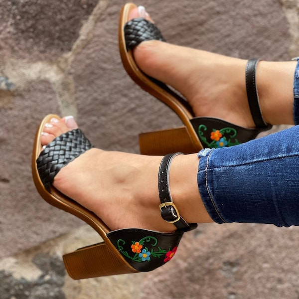 leather Embroidered Mexican high heel huarache - Mexican style Boho Hippie All sizes- 5-10 shoe  Wedges embroidered floral final sale