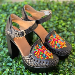 Mexican leather Embroidered Mexican high heel huarache - Mexican style Boho Hippie All sizes- 5-10 shoe  Wedges embroidered Otomi Bonita
