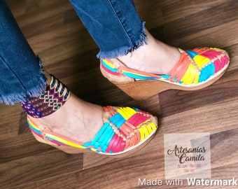 High Heel Huarache Sandal All Sizes Boho- Hippie Vintage Mexican Style- Cotton  Candy Mexican Wedges last pairs final sale