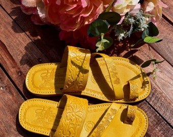 Platte leren huarache-sandaal - Mexicaanse stijl boho hippie alle maten - schoen Artesanias Camila Nieuwe lijn Alondra-tooled definitieve verkoop