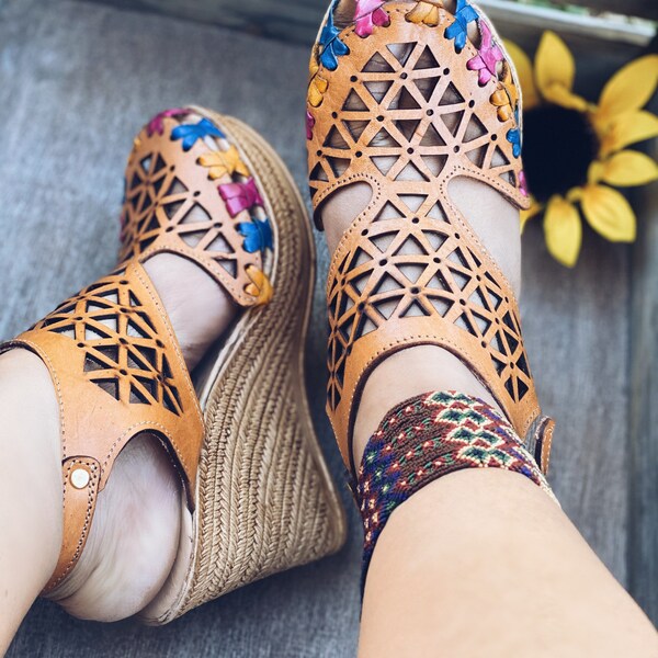 High Heel Huarache Sandal All Sizes Boho- Hippie Vintage Mexican Wedges