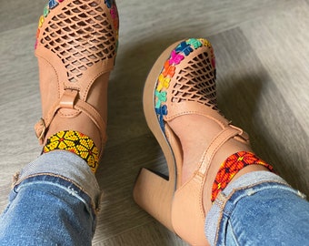 Mexican heels Huarache Sandal - Mexican style Boho Hippie All sizes- 5-10High heel leather shoe