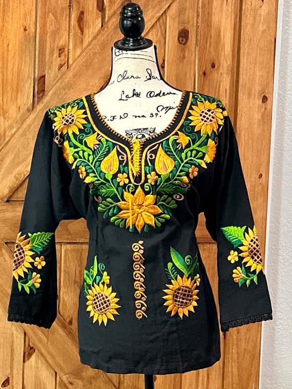 Mexican Blouse-fiesta Blouse - Embroidery Top XL Sunflower - Etsy