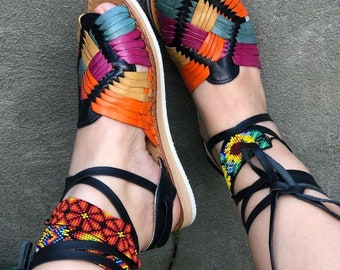 Black Multicolor Lace-Up Huarache Sandal All Sizes Boho- Hippie Vintage Mexican Style- Huarache mexicano leather final sale