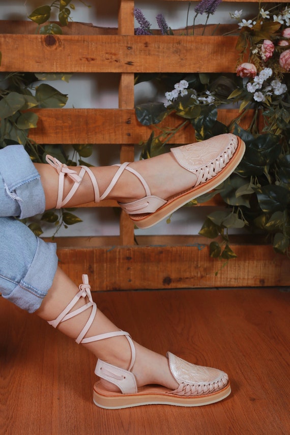 Huarache Tooled Rose Lace up Sandal All Sizes Boho Hippie Mexican Style Sandal With Laces Huarache Leather KENDRA Natural Color Etsy Ireland