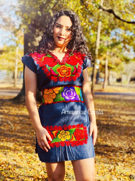 Jean Mexican Dress Fiesta Dress Embroidery Small Median | Etsy